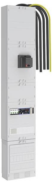 Ein hoher, grauer Elektroschrank mit mehreren Fächern und schwarzen Kabeln, die von oben herunterhängen, der einen Sicherungsautomaten und Steuerungsmodule präsentiert.