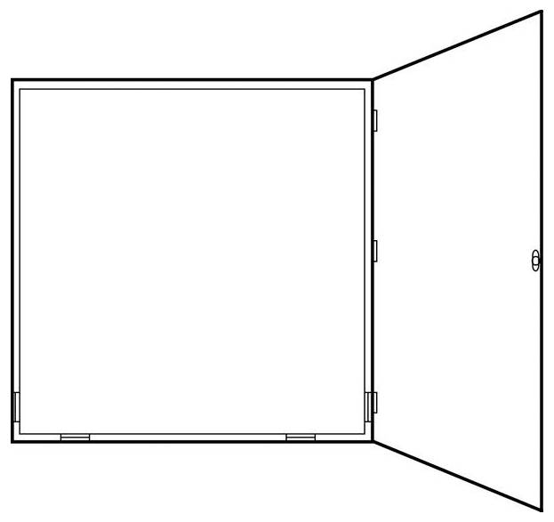 Eine Skizze einer offenen Tür auf der rechten Seite eines rechteckigen Raumes, die eine Grundriss-Raumlayoutzeichnung ohne weitere Details darstellt.