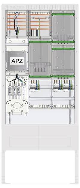 Eine Schemazeichnung einer elektrischen Verteilerdose, die mehrere beschriftete Stromkreise, Kabel und eine Box mit der Beschriftung 