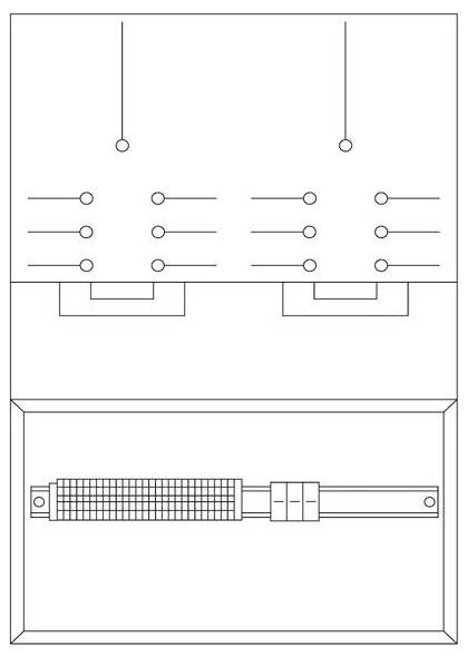 Eine technische Schemazeichnung eines elektrischen Schaltmechanismus mit mehreren Kippschaltern und einer Reihe von Sicherungen oder Anschlüssen am unteren Rand.