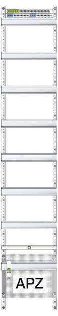 Eine vertikale Sequenz von 11 transparenten rechteckigen gitterartigen Rahmen mit einem beschrifteten 'APZ'-Panel am unteren Ende.