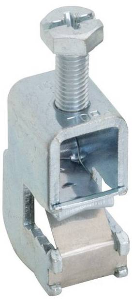 Eine metallische Rohrschelle mit Gewindeschraube und glatter Oberfläche, entwickelt zum Befestigen von Objekten an Konstruktionsträgern in Bau- und elektrischen Anwendungen.