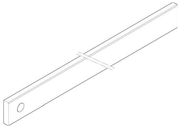 Eine einfache Linienzeichnung eines rechteckigen Metallträgers mit einem Loch nahe einem Ende, aus einem Winkel betrachtet, der seine Länge und Kanten zeigt.