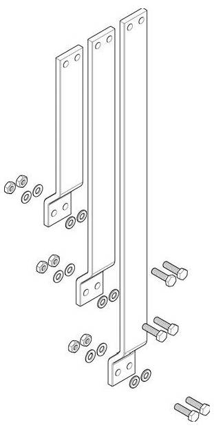 Diagramm von drei Metallhalterungen mit Löchern, dargestellt mit entsprechenden Schrauben und Unterlegscheiben zur Montage.