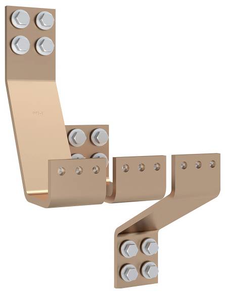 Ein Kupferleiter mit Bolzen und Winkelabschnitten, der für elektrische Verbindungen oder Erdung in industriellen Umgebungen verwendet wird.