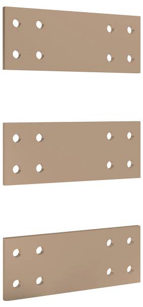 Drei Metallplatten mit mehreren Löchern in einem Gittermuster, von der Seite betrachtet, geeignet für den Einsatz in Bau oder Möbelmontage.