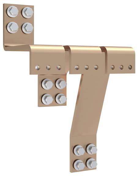 Kupferschiene mit Schrauben und Muttern in einer Winkelform.
