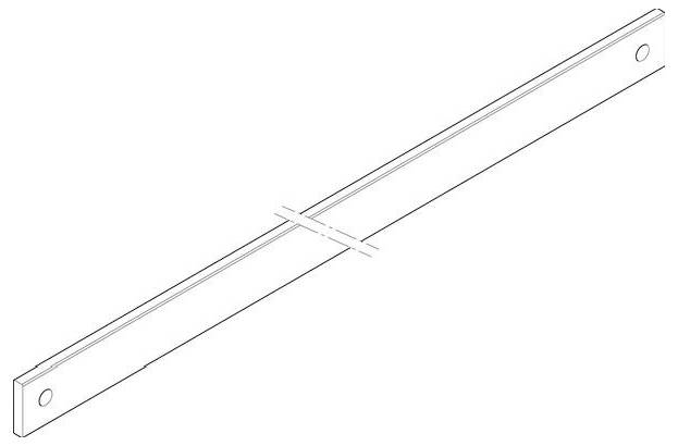 Eine isometrische Zeichnung eines langen, schmalen Metallhalters mit zwei kreisrunden Löchern an jedem Ende, der in der Mitte von einem ähnlichen Halter durchkreuzt wird.
