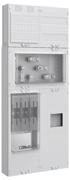 Elektrischer Sicherungskasten mit mehreren Schaltern und Metallkomponenten, in einem rechteckigen Gehäuse untergebracht, vor einem schlichten Hintergrund.