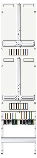 Zwei vertikal ausgerichtete Sicherungskästen, die die Innenverdrahtung mit farbcodierten Kabeln und Anschlüssen zeigen.