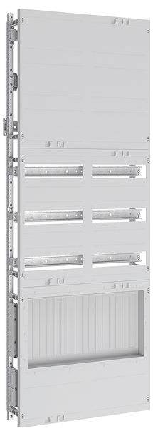 Ein hoher, rechteckiger, grauer Elektroschrank mit mehreren Reihen und Schlitzen für Sicherungsautomaten, geeignet zur Unterbringung von elektrischen Komponenten.