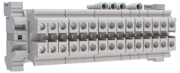 Ein grauer Klemmenblock aus Kunststoff mit mehreren Anschlussslots, der zur Organisation elektrischer Schaltkreise in industriellen Umgebungen verwendet wird.