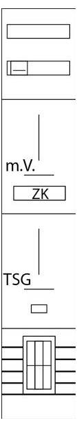 Eine Diagramm, das eine Sequenz von Komponenten zeigt: rechteckige Box, beschriftet mit 'm.V.', darunter 'ZK', gefolgt von 'TSG' und einem Abschnitt mit Linien.