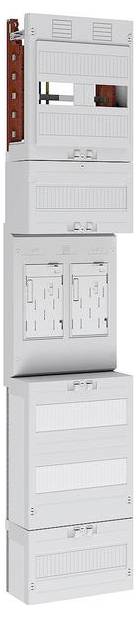 Eine Reihe von miteinander verbundenen elektrischen Verteilerkästen, die jeweils mit Lüftungsschlitzen und Griffen versehen sind, vertikal ausgerichtet und verschiedene Kammern aufweisend.