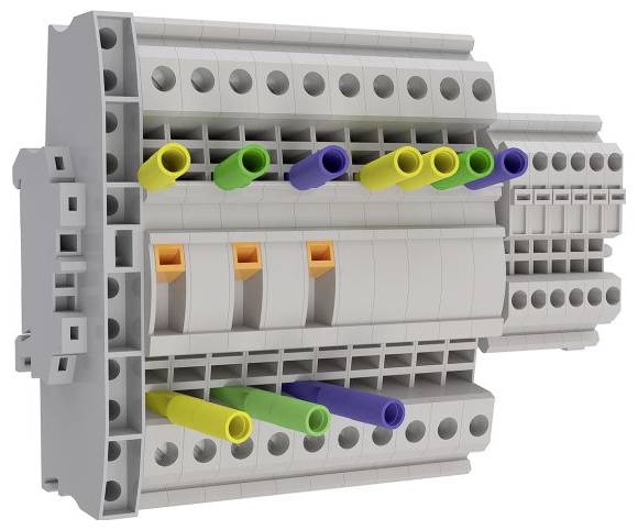 Ein elektrischer Anschlussblock mit mehrfarbigen Kabeln, der zur Organisation von Kabelverbindungen in Elektrotafeln verwendet wird.