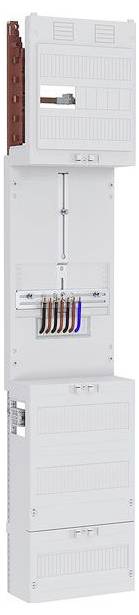 Elektrische Verteilertafel mit mehreren Sicherungsautomaten und farbigen Kabeln, in einem weißen Gehäuse eingebaut, zur Stromverteilung und -steuerung.
