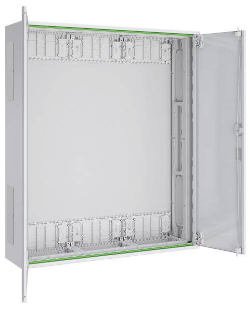 Ein offener Metallschrank mit mehreren Schlitzen und Montgeschienen im Inneren zur Aufnahme und Organisation von Netzwerk- oder elektrischen Geräten.