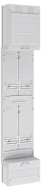 Ein vertikaler Stapel grauer Elektroverteilerkästen mit mehreren Abdeckungen und belüfteten Abschnitten, die üblicherweise zur Unterbringung von Sicherungsautomaten verwendet werden.