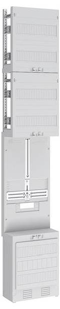 Ein hoher, weißer Elektroschrank mit mehreren Fächern, versehen mit Lüftungsöffnungen und einer zentralen Schiene, die vertikal durch die Mitte verläuft.