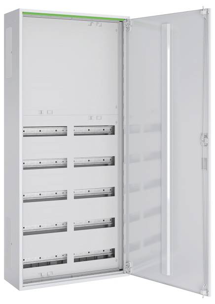 Eine offene Elektroverteilerdose mit mehreren leeren Steckplätzen für Sicherungsautomaten, deren interne Strukturen sichtbar sind und die eine transparente Tür aufweist.