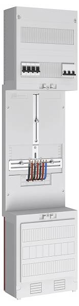 Elektrische Verteilertafel mit beschrifteten Sicherungsautomaten und Verkabelung, die Verbindungen zur Stromverteilung in einem Gebäude zeigt.