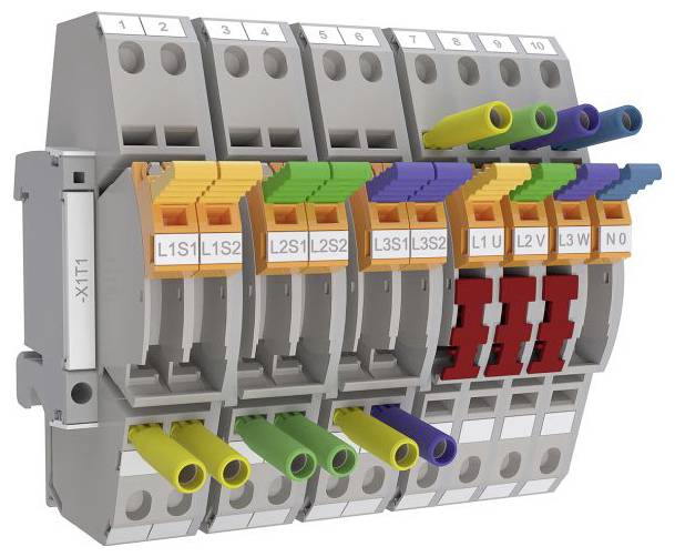 Eine Reihe modularer elektrischer Klemmenblöcke mit verschiedenfarbigen Hebeln und beschrifteten Anschlüssen, angeordnet für effizientes Verdrahten.