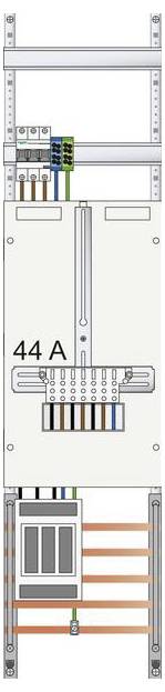 Diagramm einer elektrischen Verteilerdose mit Kabeln, einem Messgerät mit der Anzeige '44 A' und Sicherungsautomaten. Komponenten sind beschriftet und verbunden.
