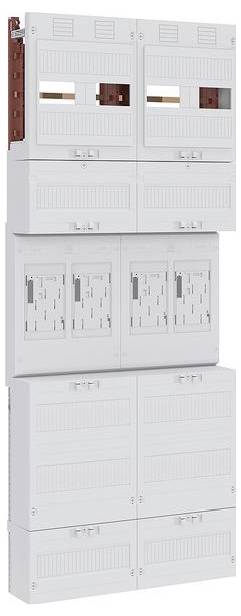 Ein Stapel von vier weißen Elektroverteilerkästen mit Lüftungsschlitzen und brauner Rückseite, bestehend aus zwei Reihen von Kasteneinheiten mit rechteckigen Öffnungen.