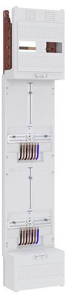 Elektrische Verteilerdose mit mehreren Fächern und freiliegenden bunten Kabeln.
