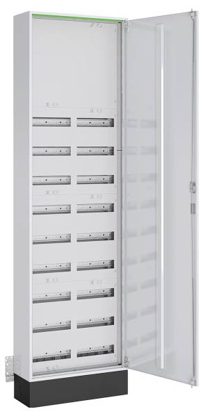 Ein offener Elektroschrank mit mehreren leeren Schienensteckplätzen zum Montieren von Komponenten, der eine Seitenansicht sowohl des Innenraums als auch der Tür zeigt.