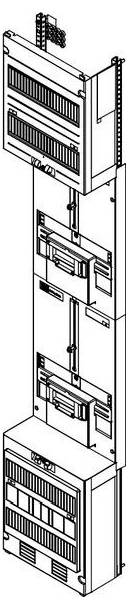 Diagramm einer vertikalen elektrischen Schalttafelanordnung mit mehreren gestapelten Einheiten, das die Verkabelung und Komponentenanordnung zur technischen Referenz veranschaulicht.