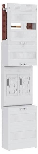 Modulares elektrisches Verteilersystem mit mehreren weißen Fächern, die vertikal übereinander gestapelt sind und Einschubplätze für Sicherungsautomaten und Verkabelung aufweisen.