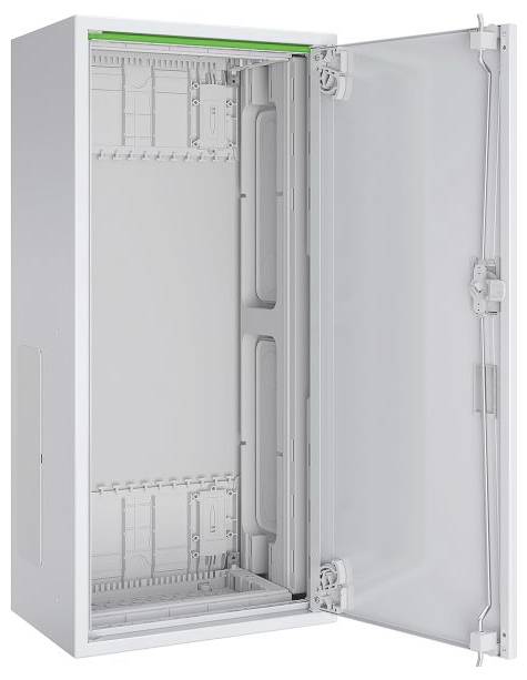 Ein hoher, leerer, offener Serverständer mit einer transparenten Tür und sichtbaren Montgeschienen, geeignet zur Unterbringung von elektronischen Geräten.