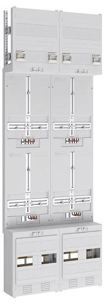 Ein vertikales Montagesystem von elektrischen Verteilertafeln mit mehreren Schalterplätzen, das für eine effektive Organisation und Stromverteilung konzipiert ist.