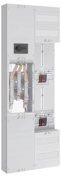 Ein elektrischer Verteilerschrank mit Sicherungsautomaten und Verkabelung, der zur Organisation und Steuerung elektrischer Stromkreise verwendet wird.