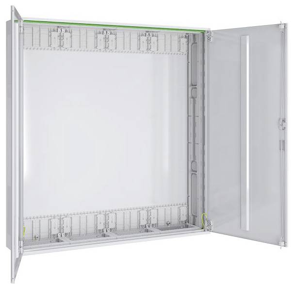 Ein offenes, leeres elektrisches Schaltpult mit einer klaren Scharniertür, das mehrere Montageschlitze und ein weißes Interieur zeigt.