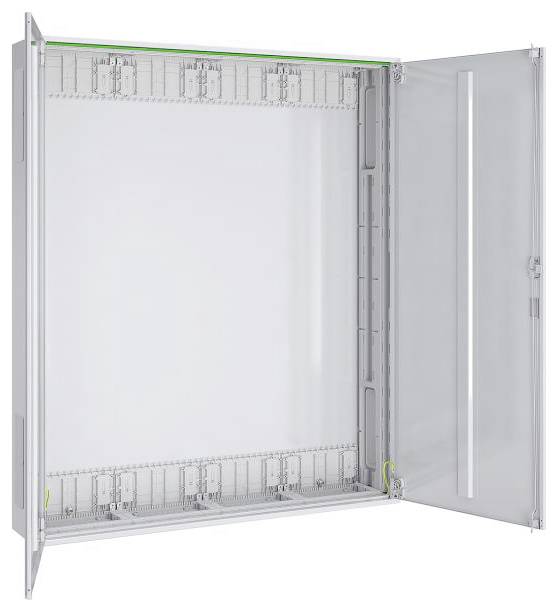 Ein offenes, leeres elektrisches Gehäuse mit einer durchsichtigen Vordertür, die Montagebügel und Kabelführungsrillen im Inneren freigibt.