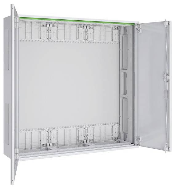 Ein offenes elektrisches Verteilerpanel mit einem leeren Innenraum, das Kabelführungsschlitze und Fächer zeigt und für die Installation bereit ist.