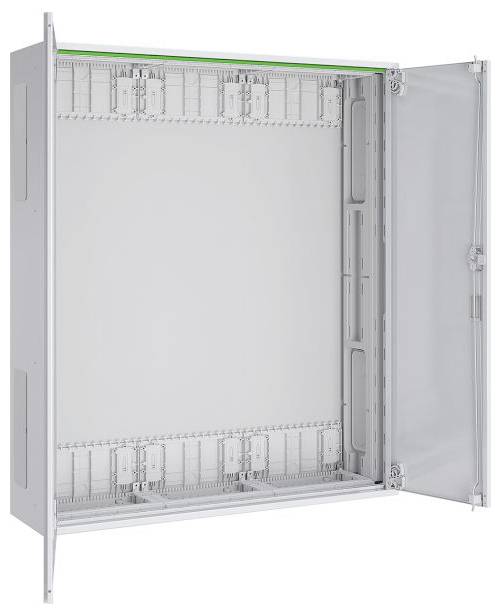 Wandmontierter, offener Metallschrank mit transparenter Tür, verwendet zur Organisation und zum Schutz von elektrischen oder Netzwerkkomponenten.