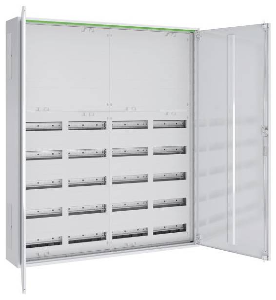 Geöffneter weißer Elektroschrank mit mehreren leeren Steckplätzen für Sicherungsautomaten, transparenter Tür und Metallrahmen.