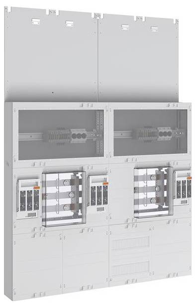 Ein weißes elektrisches Schaltanlagensystem mit mehreren Komponenten, bei dem Sicherungsautomaten und Verdrahtungsabteile hinter transparenten Abdeckungen sichtbar sind.