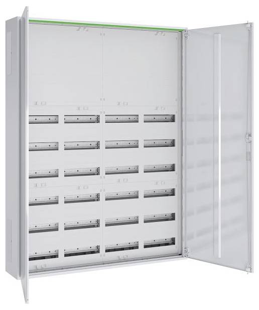 Ein offenes, leeres elektrisches Verteilerschaltpult mit mehreren Reihen von Steckplätzen für Sicherungsautomaten, an einer Wand montiert.