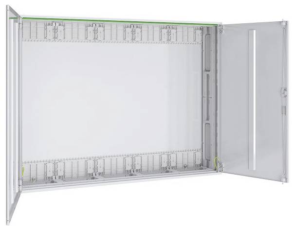 Offenes, wandmontiertes Schaltschrank mit einer Glastür mit Scharnier, das mehrere Reihen von Sicherungsautomatenplätzen und einen leeren Innenraum zeigt.