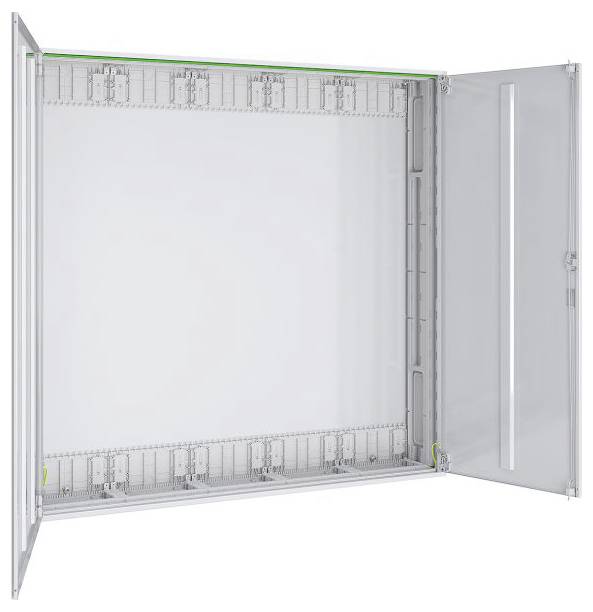 Ein offenes elektrisches Gehäuse mit einer transparenten Tür, das einen leeren Innenraum mit Montageschienen zeigt und für die Aufnahme von elektrischen Komponenten vorgesehen ist.