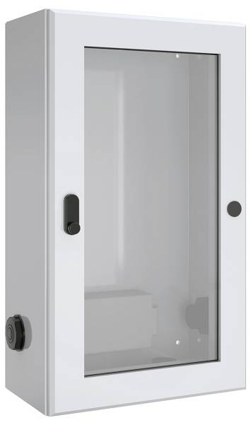 Eine weiße elektrische Verteilerdose mit einer transparenten Frontplatte, zwei schwarzen Griffen und einem durch das Glas einsehbaren Innenraum.