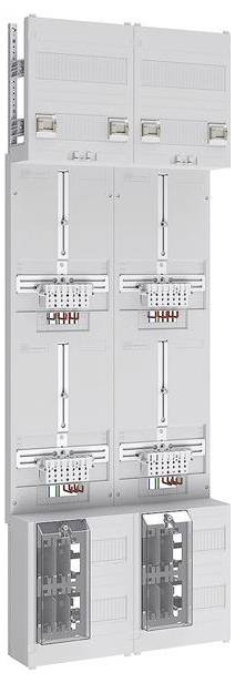 Ein hoher, weißer modularer Paneelschrank mit mehreren Schlitzen und Sicherungsautomaten, die in Reihen angeordnet sind und für elektrische Installationen konzipiert sind.