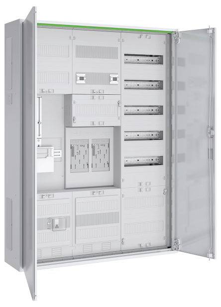 Öffnen Sie den Elektroschrank mit mehreren Schlitzen und Fächern an der Innenseite der Tür und an der Rückwand, der für die Aufnahme von elektrischen Komponenten konzipiert ist.