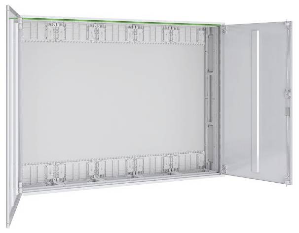 Eine offene, leere metallische Elektroverteilerkiste mit einer Tür mit Scharnier wird gezeigt. Das Innere verfügt über Montageschlitze und einen sichtbaren LED-Streifen.