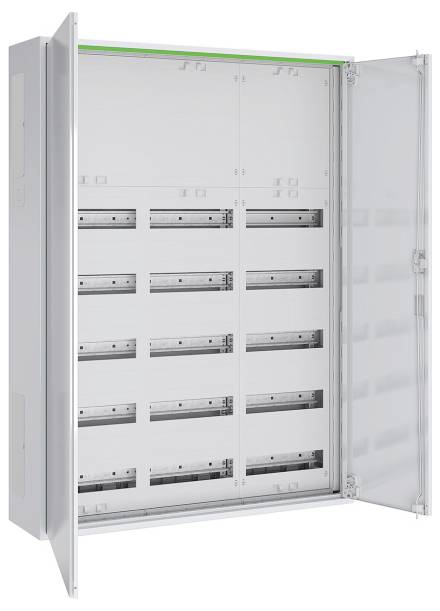 Ein offener elektrischer Verteilerschrank mit mehreren leeren Reihen für Sicherungsautomaten, der ein schlankes, metallisches Design aufweist.