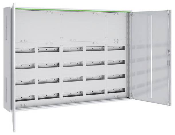 Offene elektrische Verteilerdose mit mehreren Reihen leerer Steckplätze für Sicherungsautomaten, von der Seite gezeigt mit einer offenen Tür.